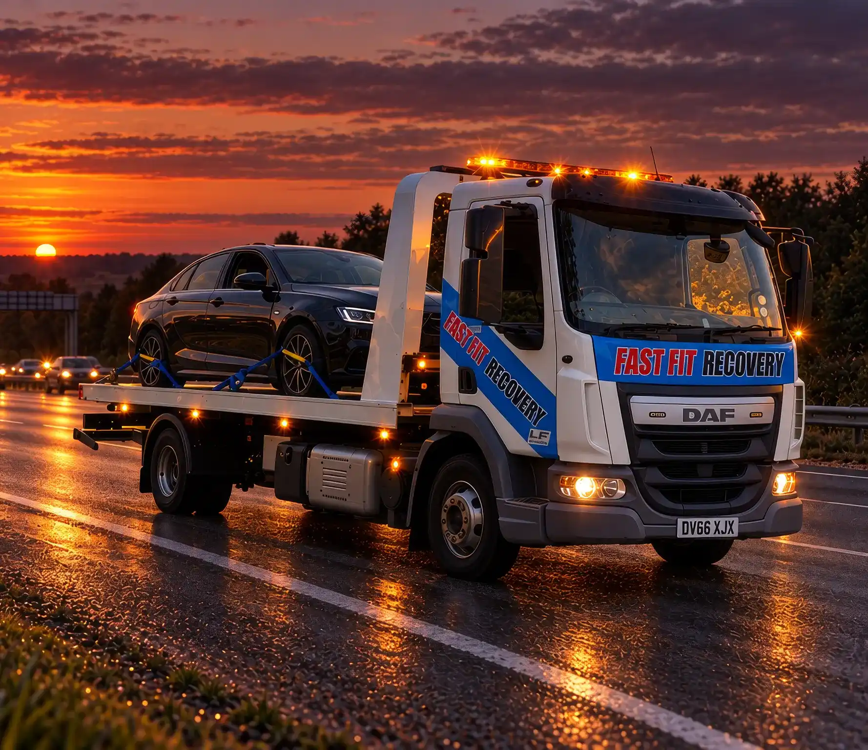 Fast Fit Recovery breakdown truck with its amber beacons lit, carrying a black car strapped to its bed along a wet dual carriageway at sunset
