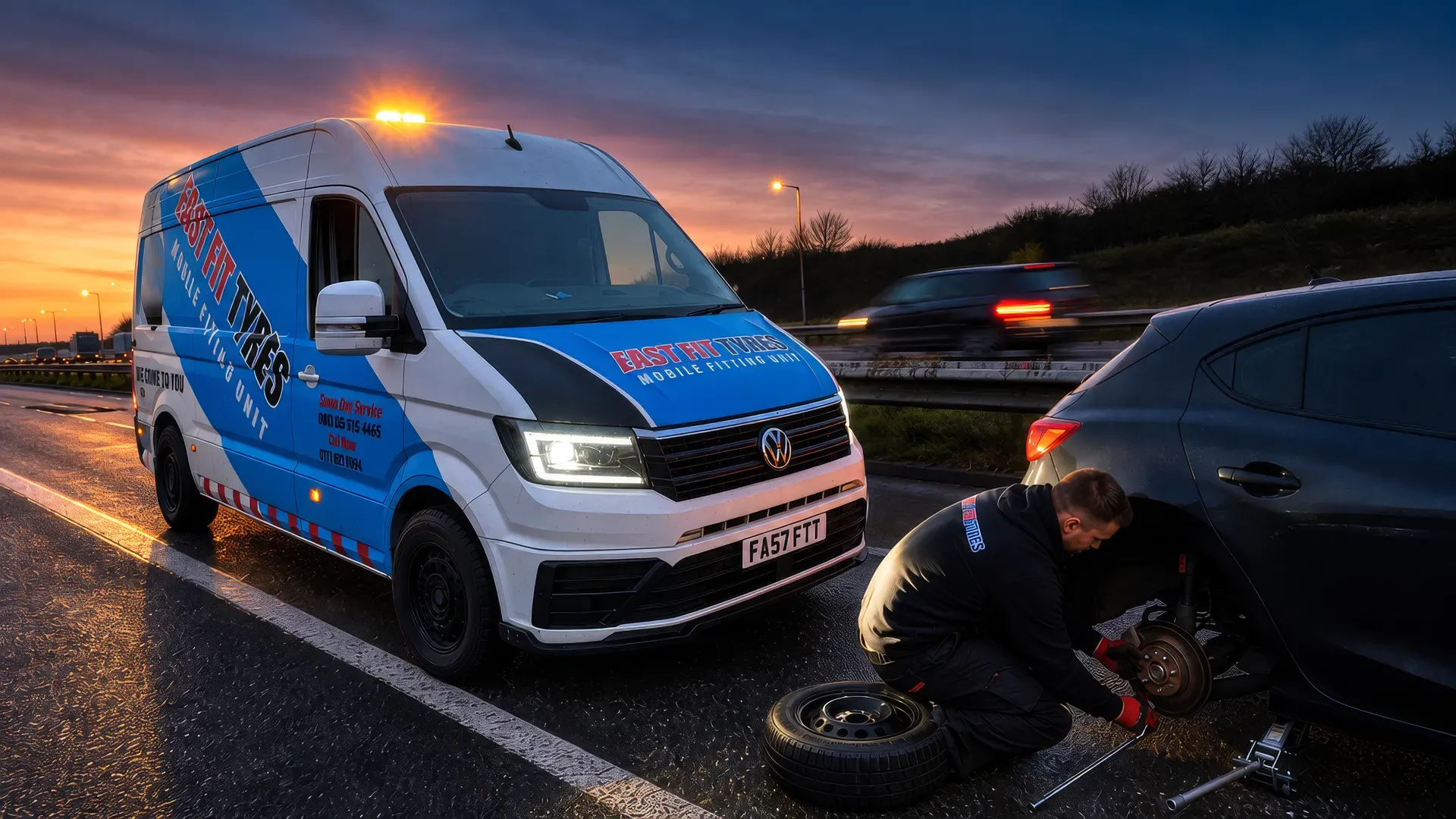 Fast Fit mobile tyre fitting van with its beacon on at the roadside at dusk while a fitter changes the rear wheel of a car on the hard shoulder